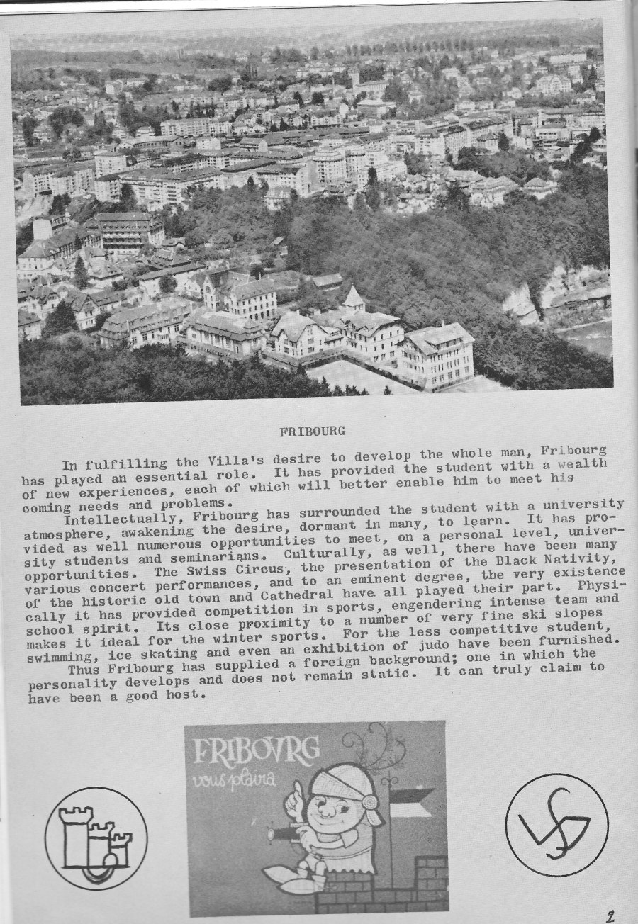 Description of town of Fribourg  for  Villa Saint Jean International School  1965 Yearbook Le Chamois