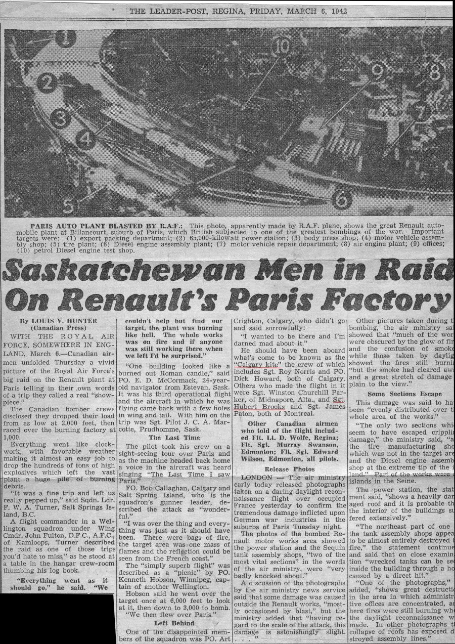 News Article on RCAF Moose Squadron Calgary Kite Crew Raid on Renault Factory in Paris During WW II 