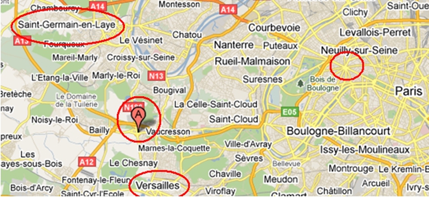 Photo:Google Map of Paris identifying locations of SHAPE facilities