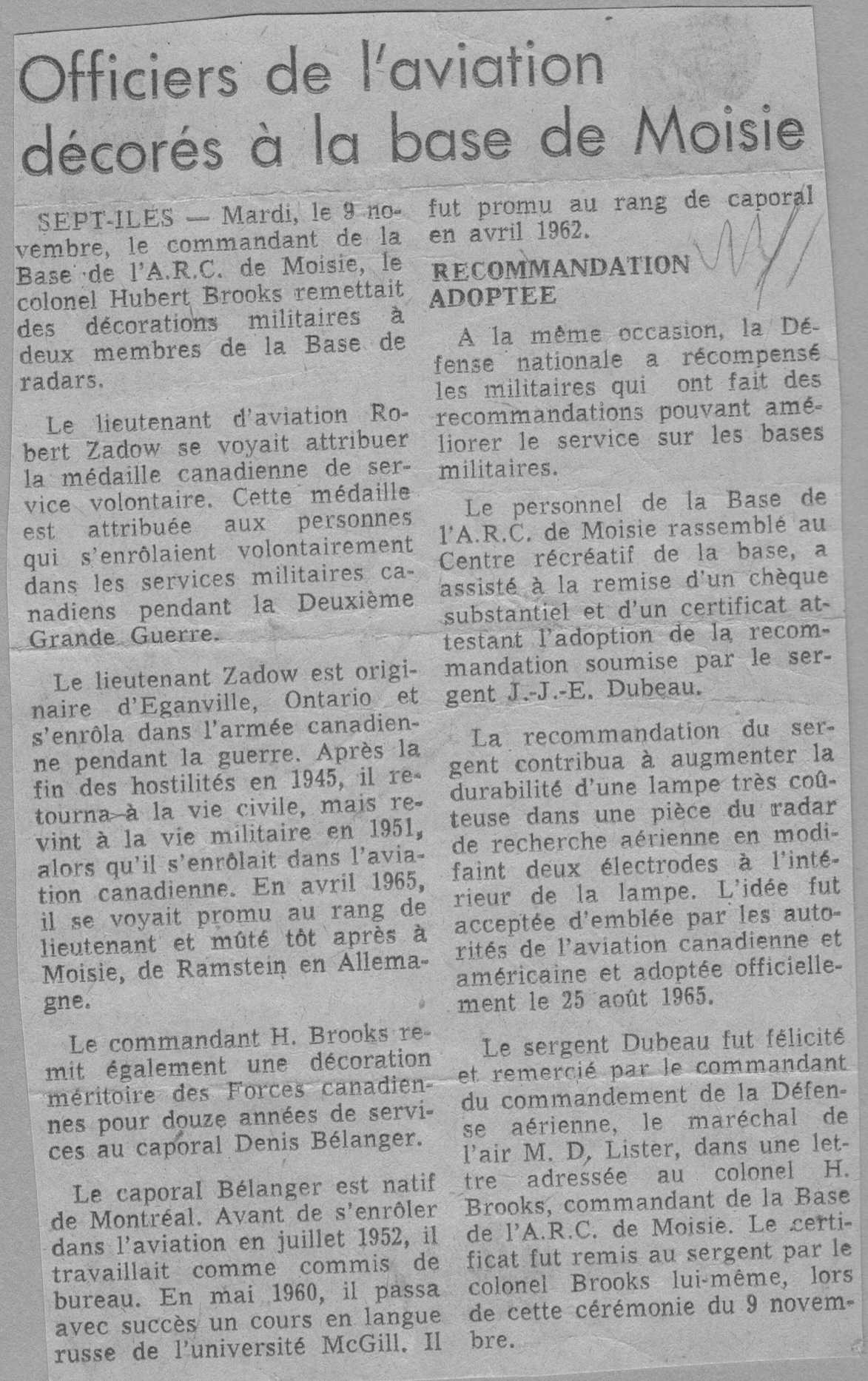 Photo: L'Avenir News Article on Officer Decorations at RCAF Moisie 