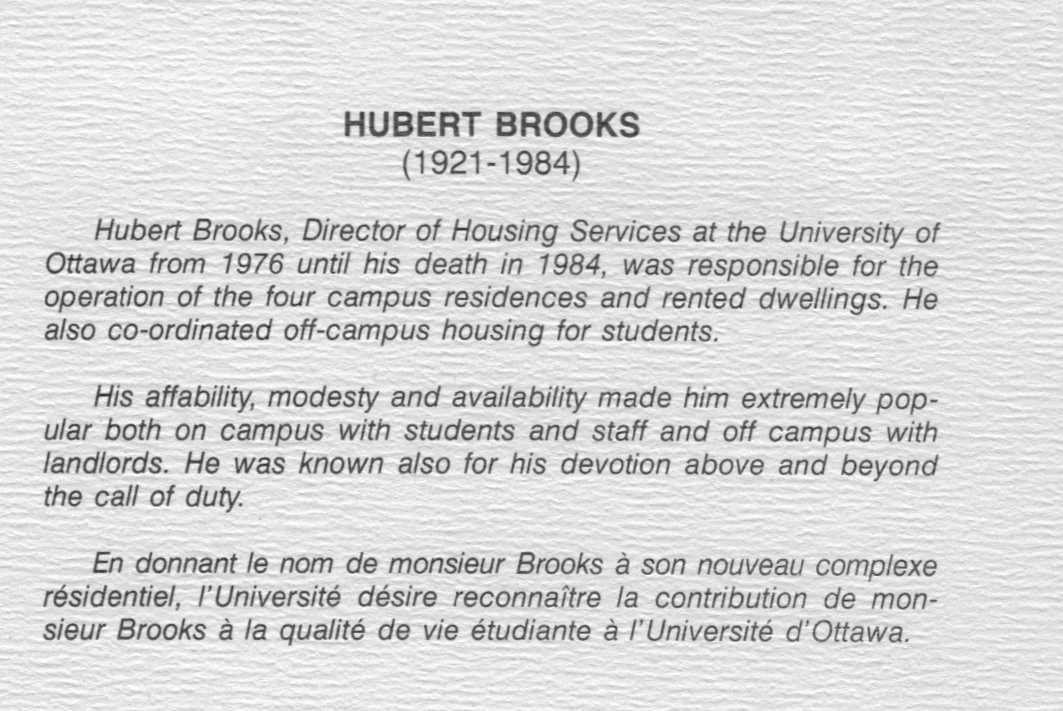 Photo:  University of Ottawa Summary of Hubert Brooks Job Function for Brooks  Residence Dedication Ceremony