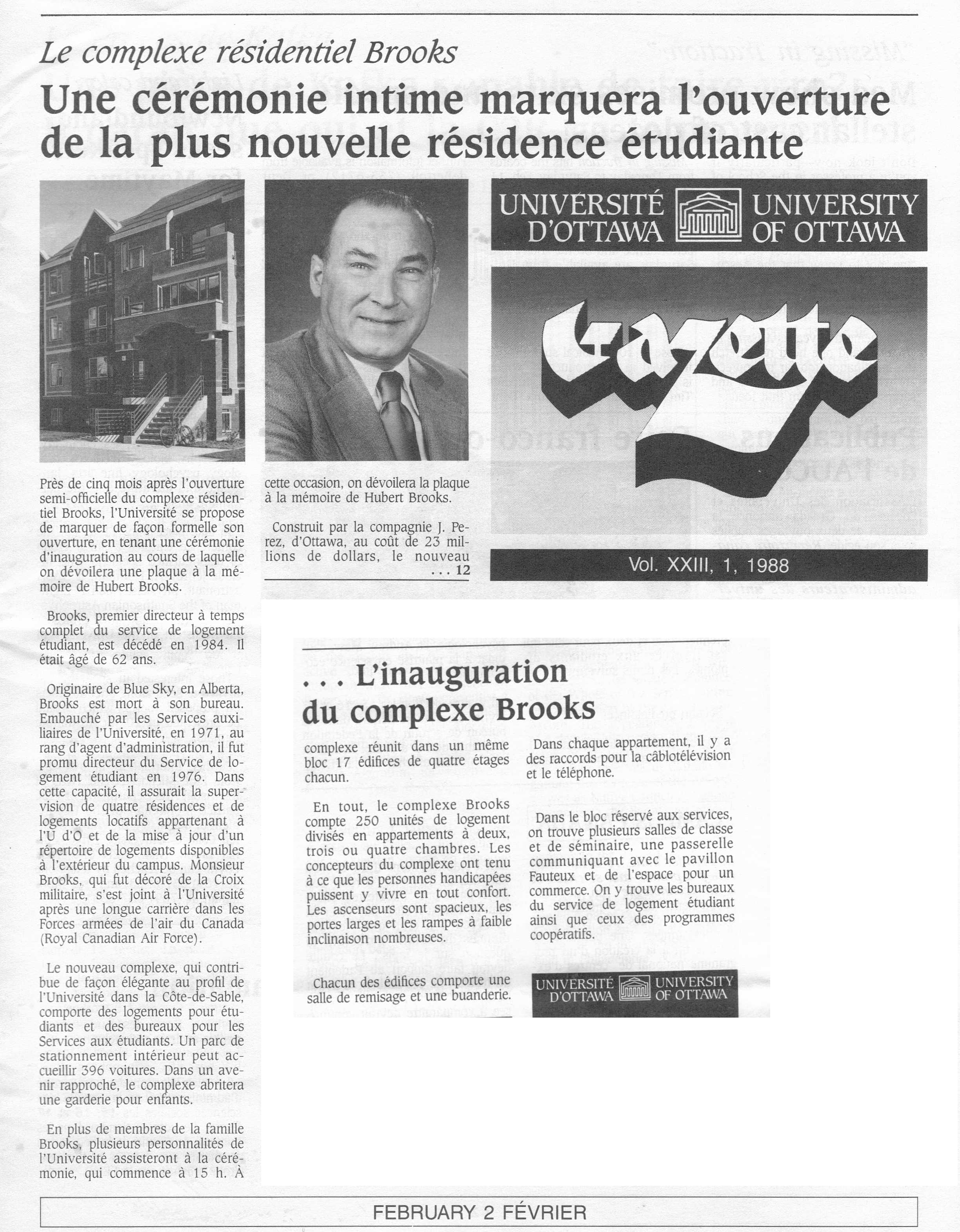 Article on Brooks Residence University of Ottawa Gazette VOL XXIII 1 1988 page 1 