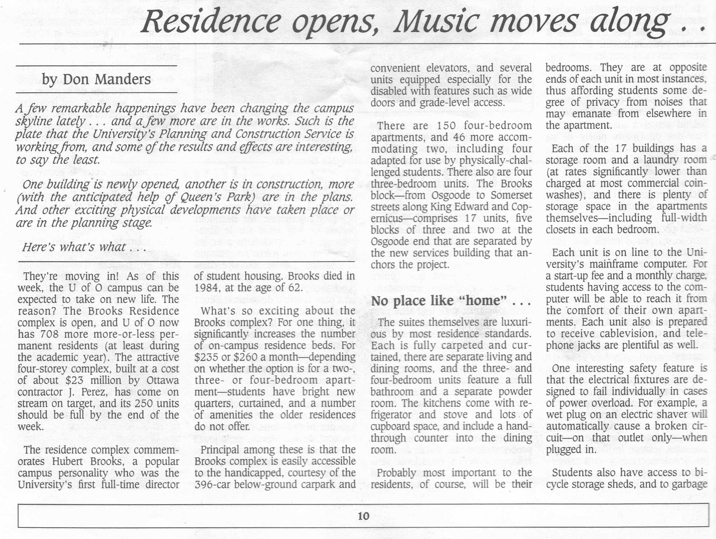 University of Ottawa  Gazette Vol XII 13 1987  page 10 Brooks Residence article  Residence opens, ..... 