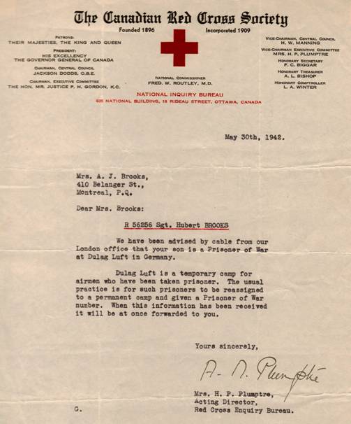 Letter from Red Cross to Hubert Brooks' mother stating he was a PoW in Stalag Luft. 
