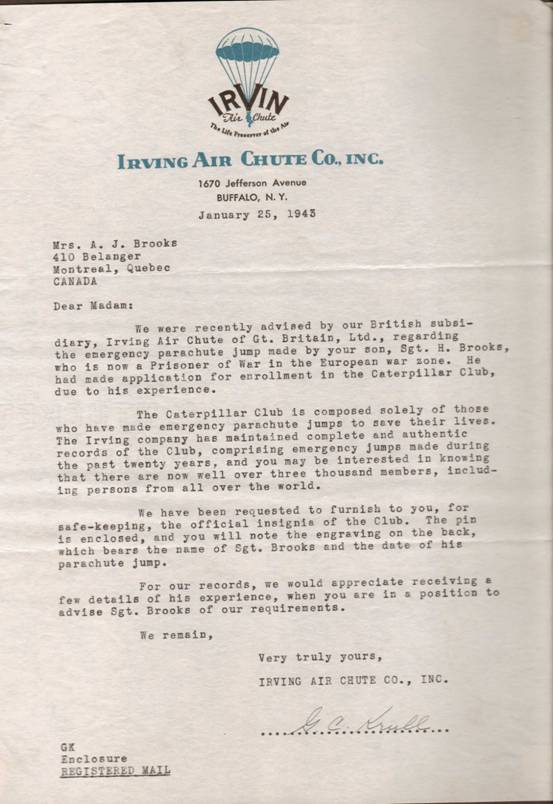 Letter from Irving Parachute Company to Hubert Brooks' mother stating he was now a member of the Caterpillar Club. 