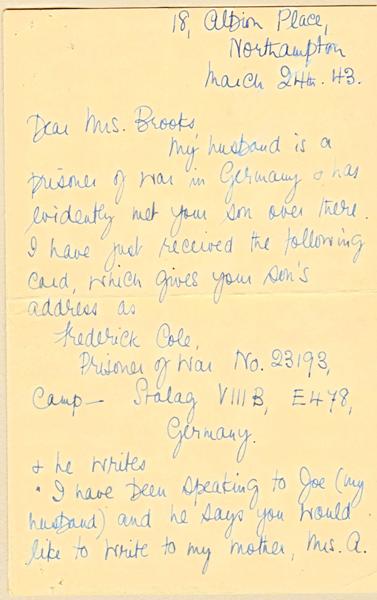Letter from Mrs Vivian Grounds to Hubert Brooks' mother informing her of the exchange in identity. 