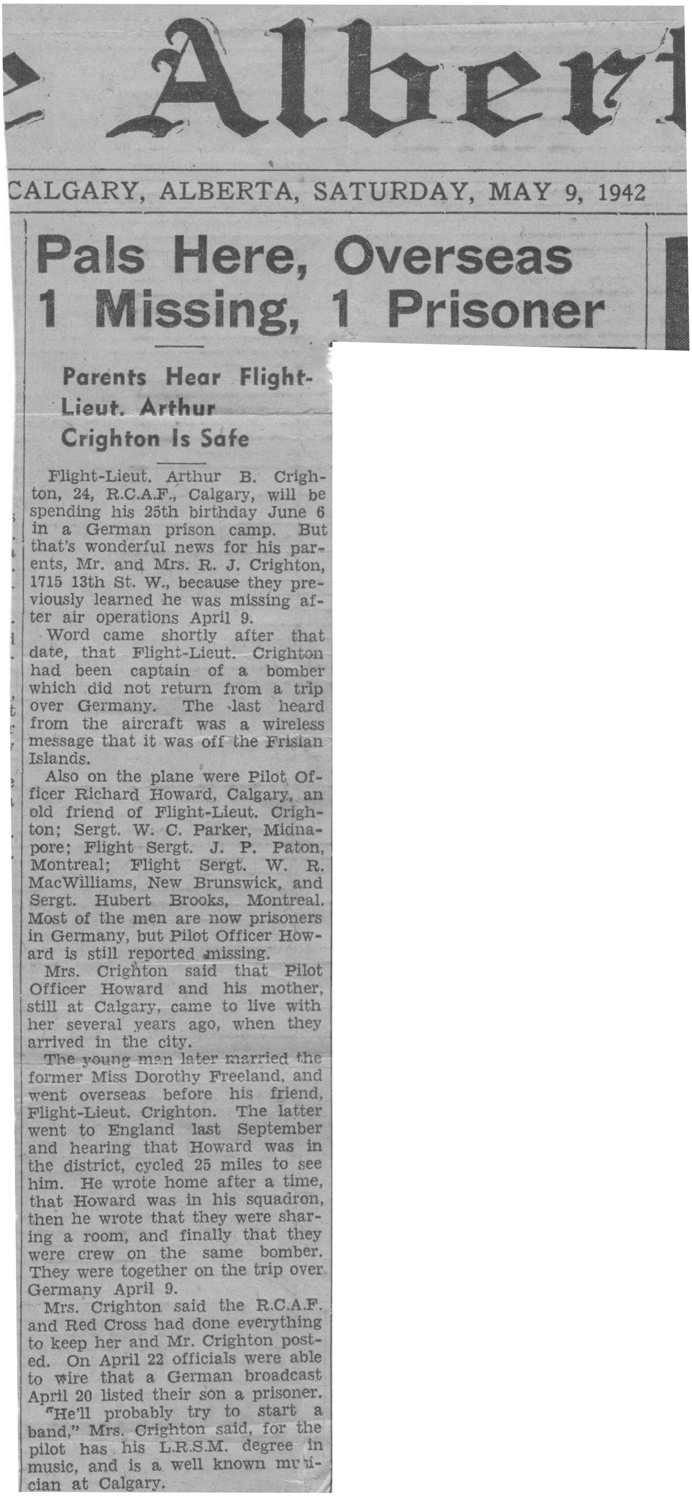 Calgary Alberta Newspaper Article Describing Art Crighton Shot Down Over Germany