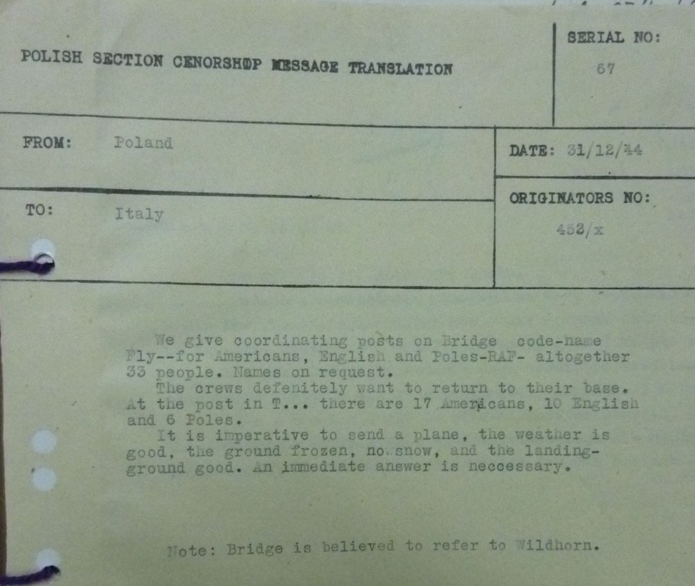 Image of Radio Communication Message from Polish Partisans to Allies Asking For Rescue PLane to be Sent for Allied Evaders