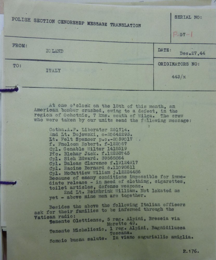 PHOTO: Image of Radio Communication Message from Polish Partisans to Allies Notifying of Recovery of B24 Air Crew