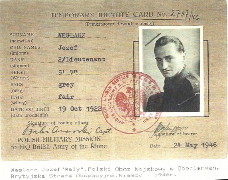 Józef Węglarz ps Maly  Temporay ID Card Polish Mission to HQ British Army on the Rhine 1946