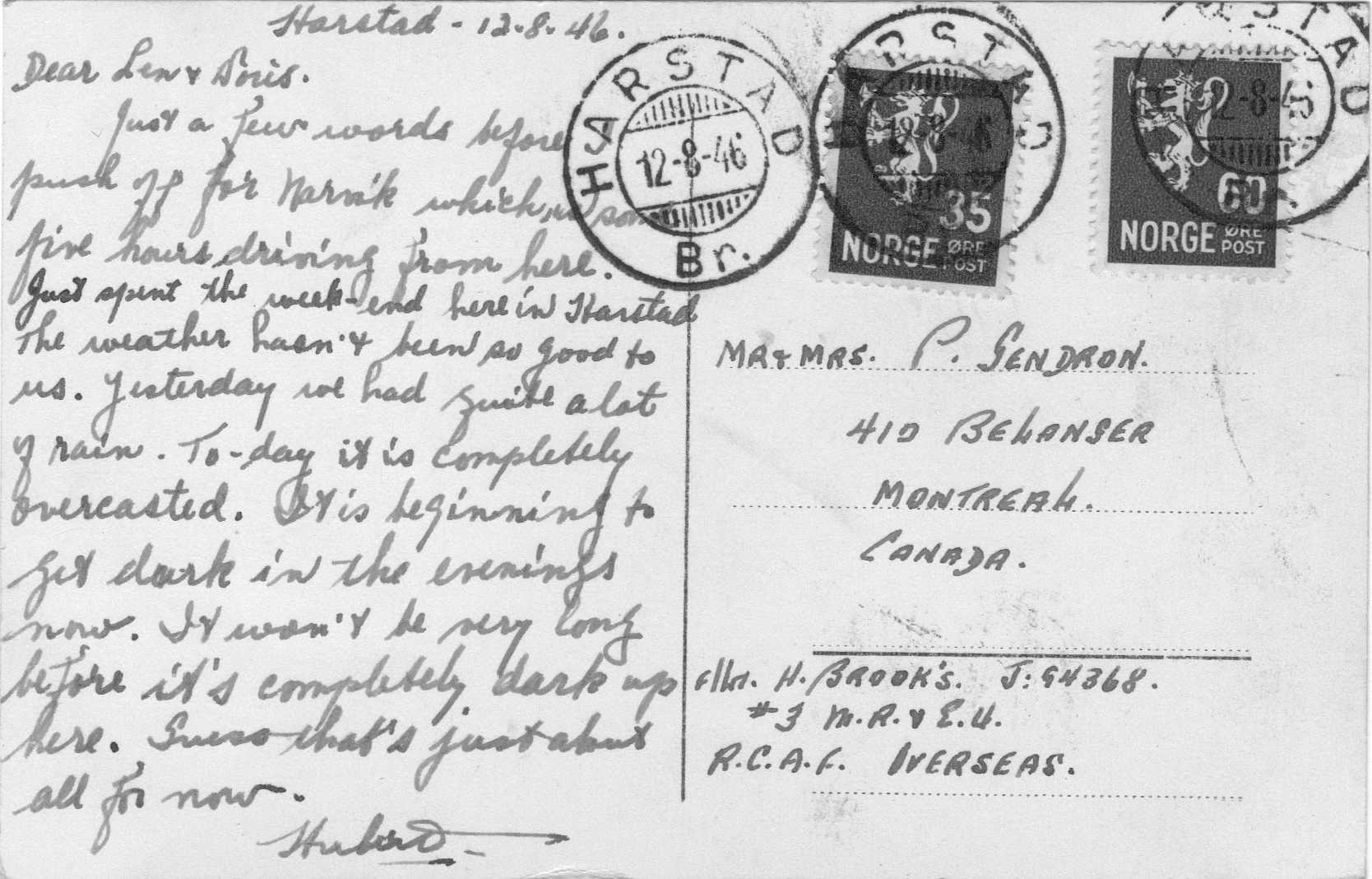 Hubert Brooks POSTCARD text to his sister from Harstad Norway