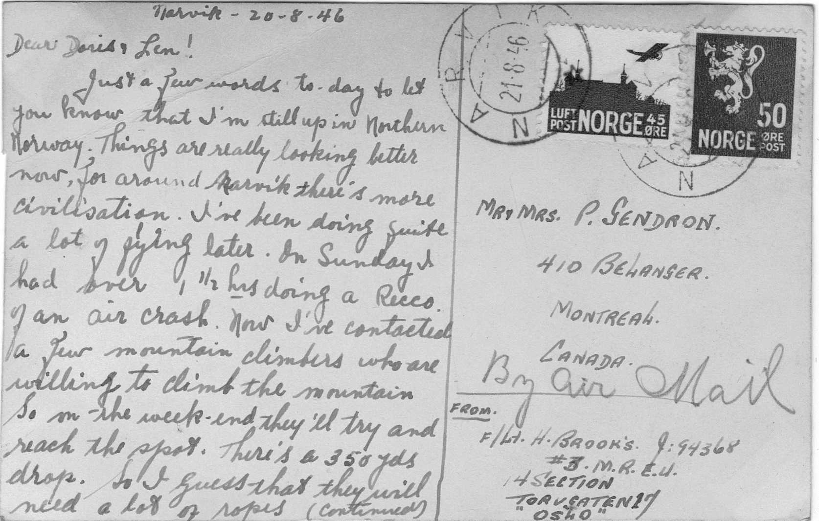 Image Postcard (from Narvik) with text from Hubert Brooks to sister Doris and brother-in-law Len Gendron
