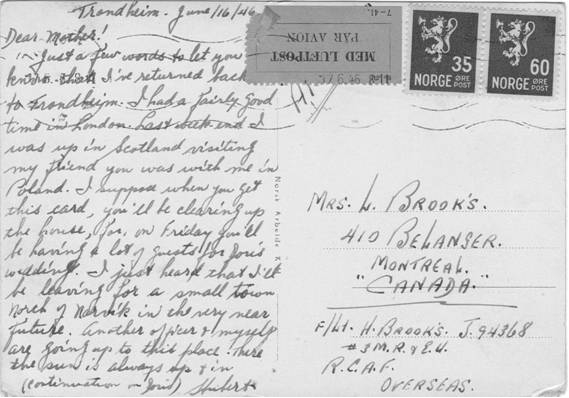 Image: June 16, 1946 Postcard from Hubert Brooks to Mother