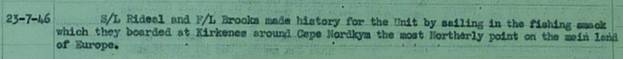 No 3 M.R.E.S. OPERATIONS RECORD book concerning Hubert Brooks and Chick Rideal and Cape Nordkyn