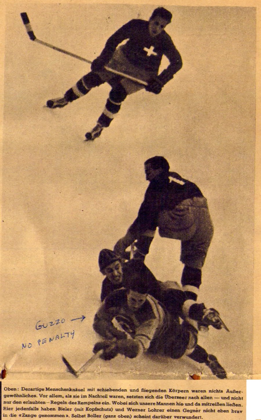 Photo:  Page 5 of January 27  1948 Swiss Magazine TIP  Game Action 4 RCAF Flyers Team at Basel