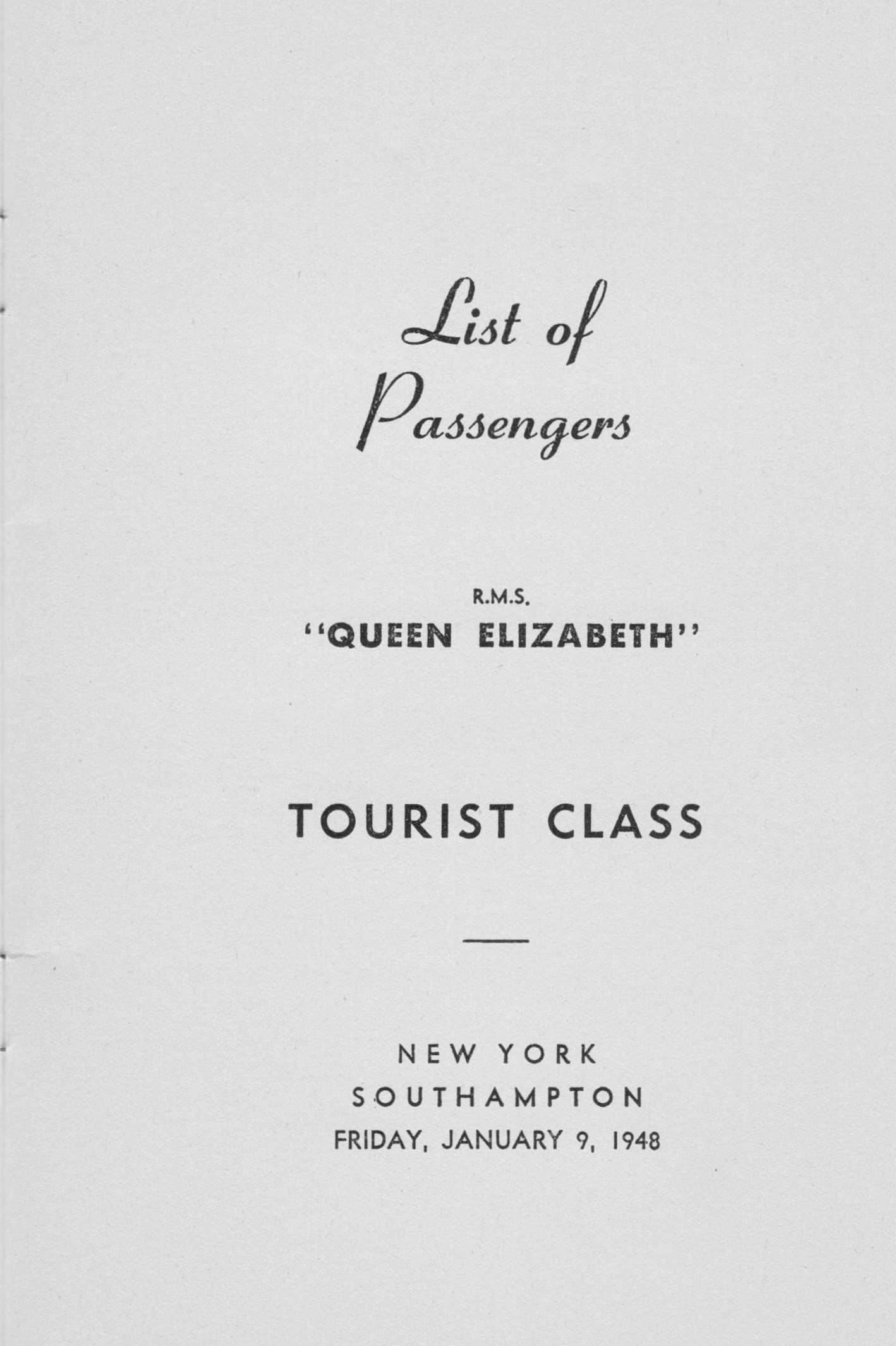 Image: Queen Elizabeth List of Passengers Title Page