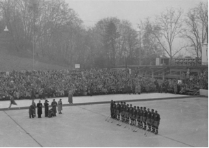 Photo:  RCAF Flyers (left) line up against Swiss National Team in Basel Switzerland