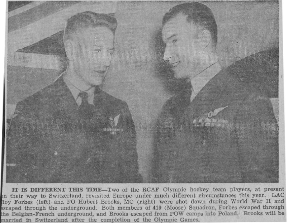 Image: Newspaper Photo of RCAF Flyers Forbes and Brooks on way to Switzerland for Pre Olympic Hockey Game